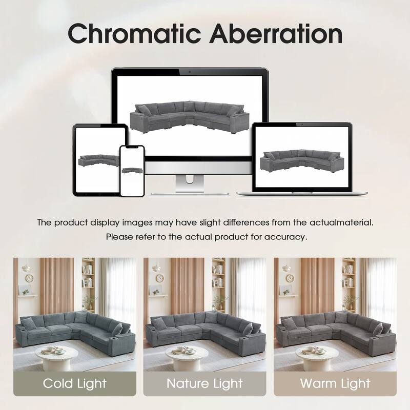 Convertible L Shaped Sectional Sofa, Oversized Corduroy Upholstered Sofa, Modular Corner Sofa with Cup Holders & USB Charger