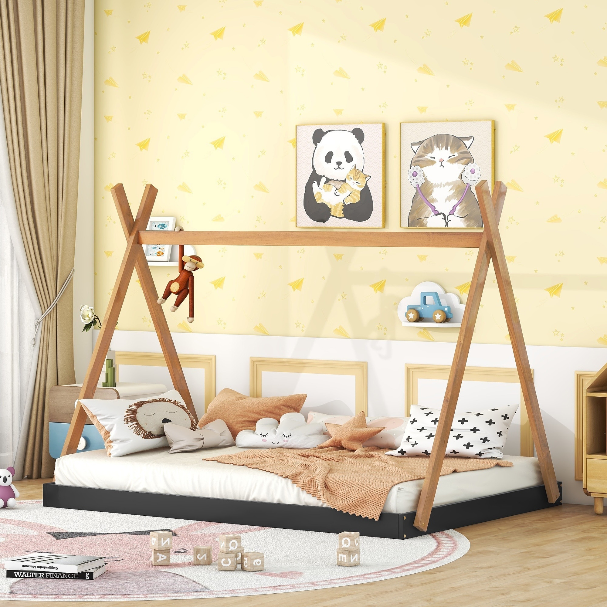 Sturdy Full Size Wooden Tent Bed for Kids with Low Platform and Creative Play Space