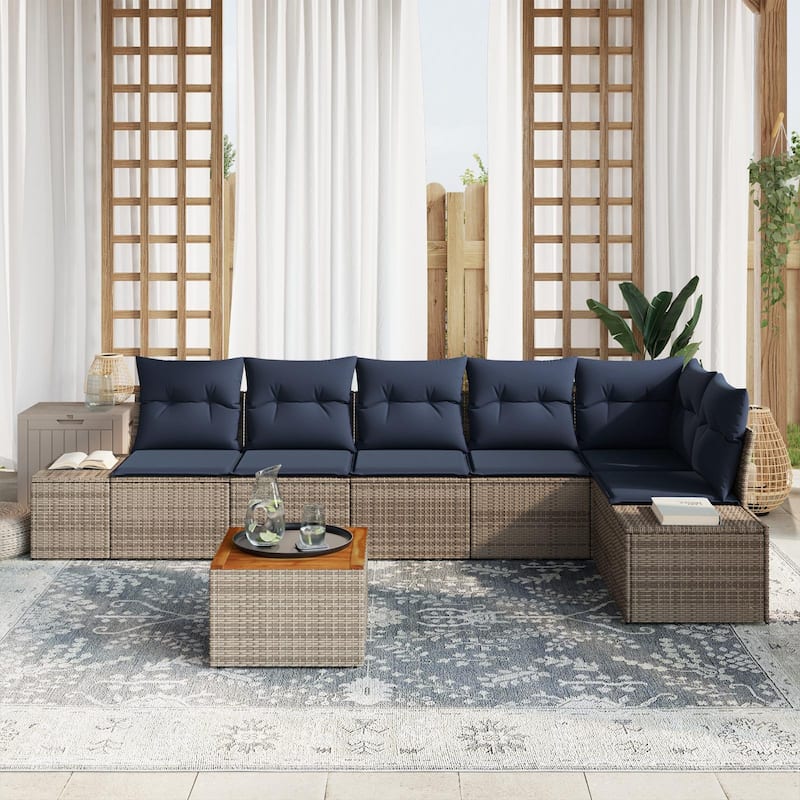 vidaXL 7 Garden Sofa Set with Cushions Black/Grey Poly Rattan - 125.6 x 60.6 x 27.2