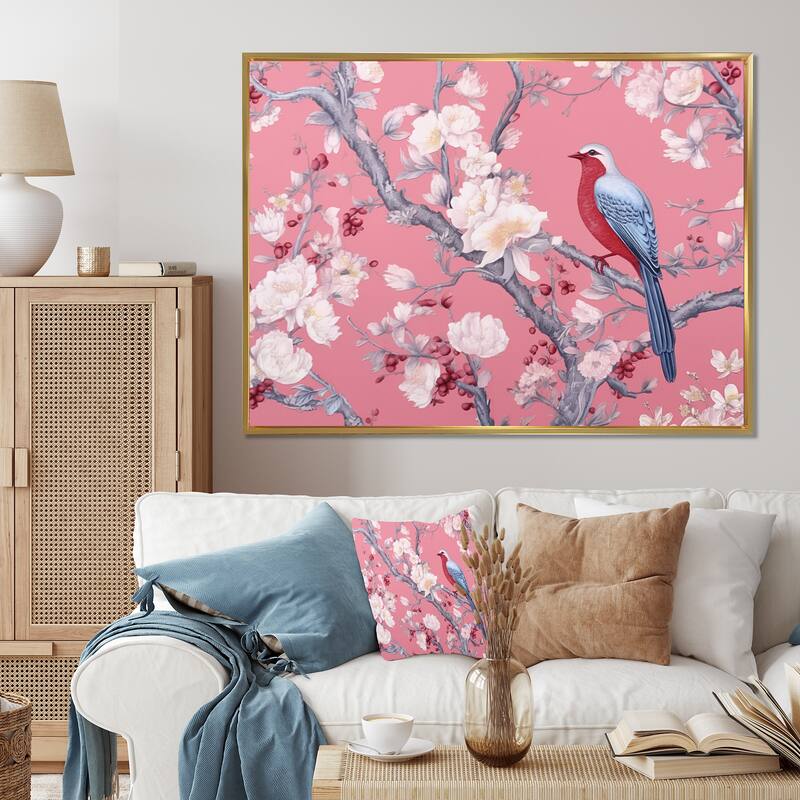 Designart "Cherry Blossum Flower Whispers II" Cherry Blossom Framed Canvas Print - Gold - 32 in. wide x 16 in. high