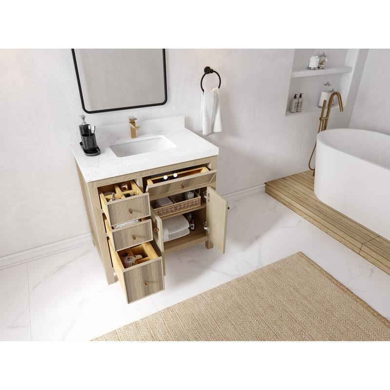 Willow Collections 36 x 22 Sonoma Oak Wood Center Sink Right Bathroom Vanity with Quartz or Marble Countertop