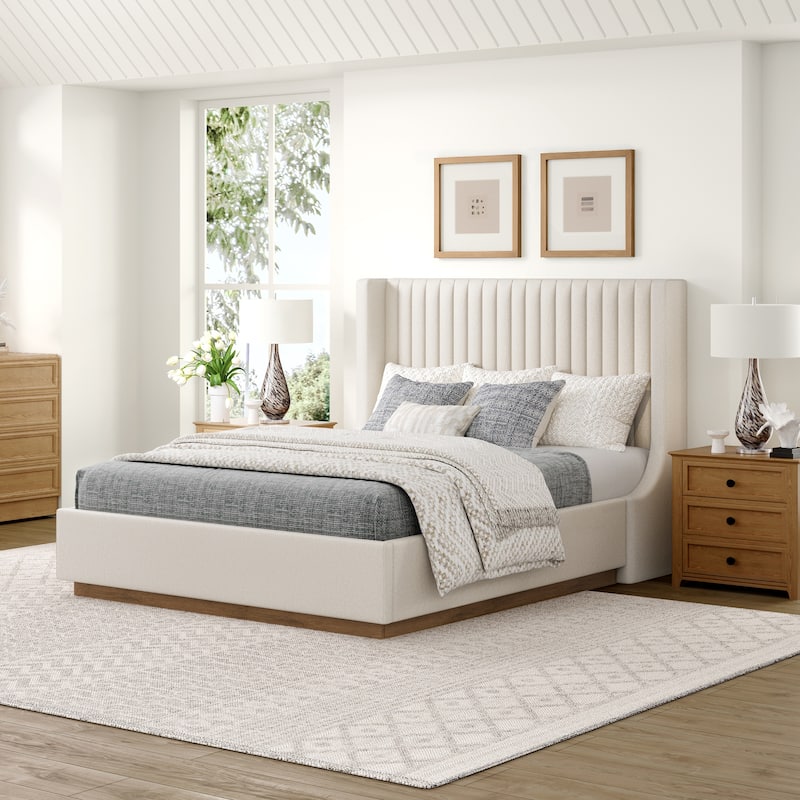 Modern Wooden Queen/King Size Upholstered Platform Bed with Headboard - Linen/Queen - Queen