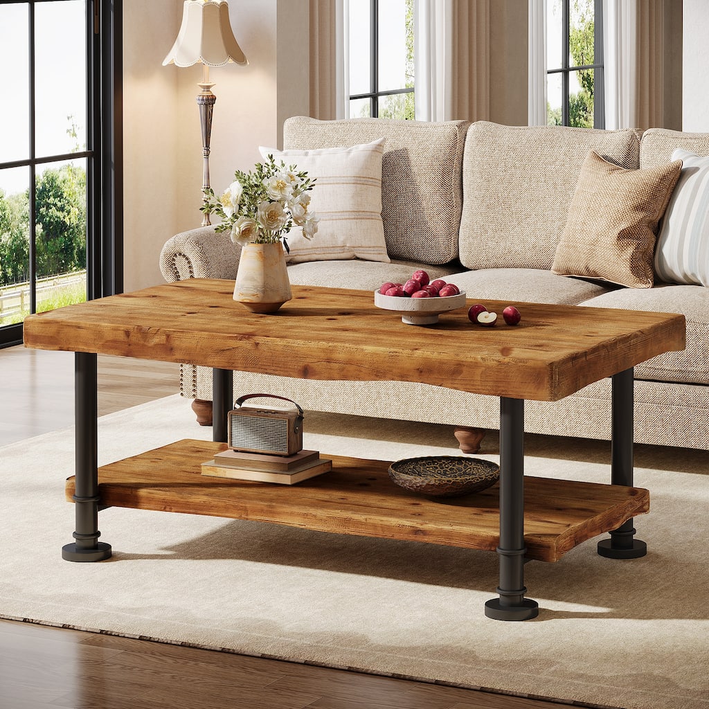 47" Solid Wood Coffee Table, Rectangular Storage Shelf, Living Room & Lounge Center Table