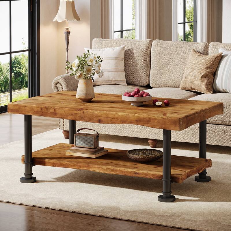 Farmhouse Coffee Table with Storage Solid Wood 2-Tier Center Table for Living Room