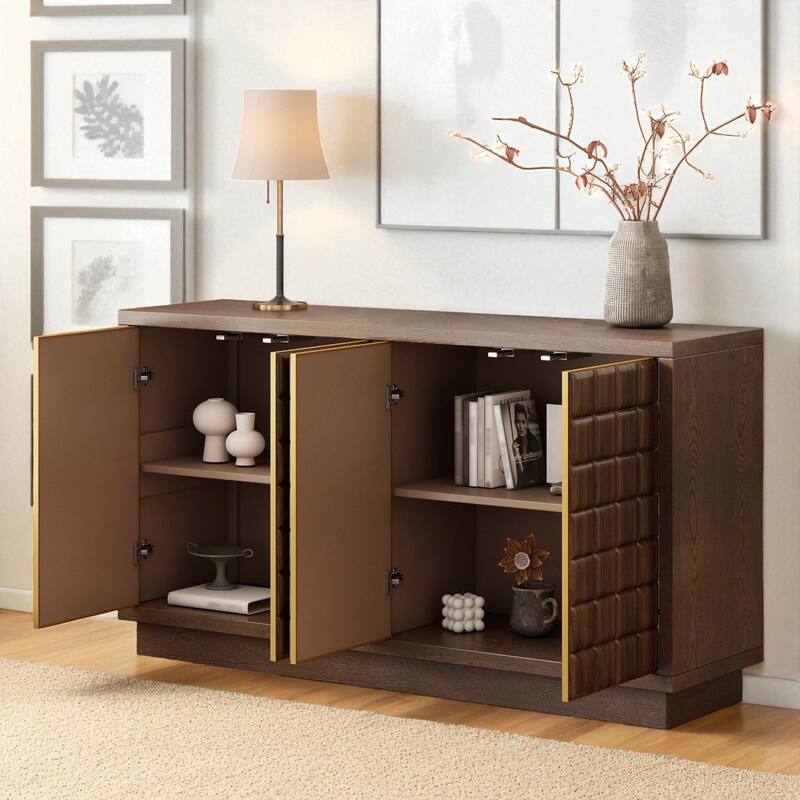 Modern 4-Door Storage Cabinet with 3D Geometric Doors, Wood Veneer & Metal Trim, Adjustable Shelves.