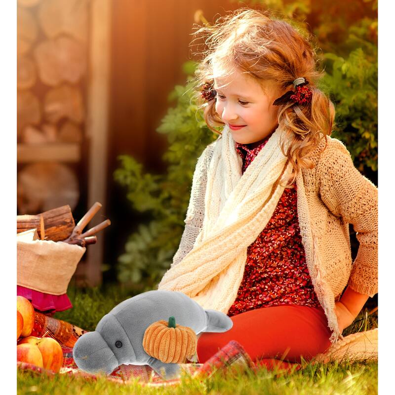 DolliBu Wild Collection Grey Manatee Stuffed Animal with Pumpkin Decor - 9 inches