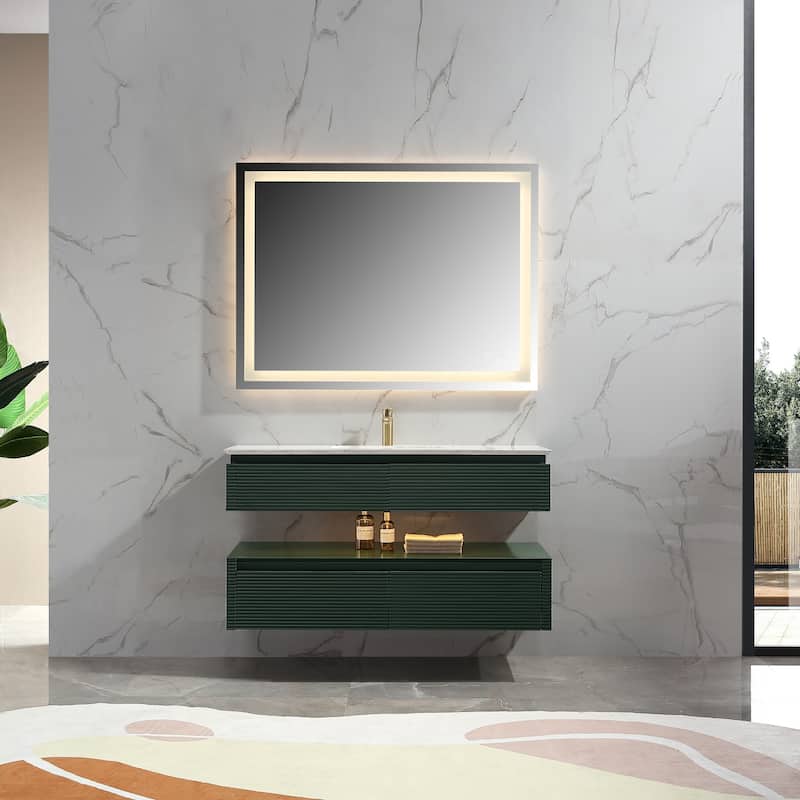Modland 36''/48'' Floating Bathroom Vanity with ETL-Certified LED Lighting, Soft-Close Drawers & Waterproof, Green - 48'' Single sink