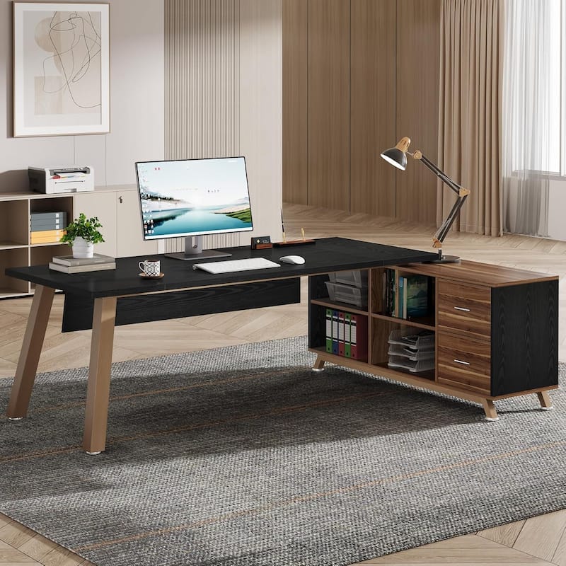 L-Shaped Desk with 55-Inch Cabinet - Black