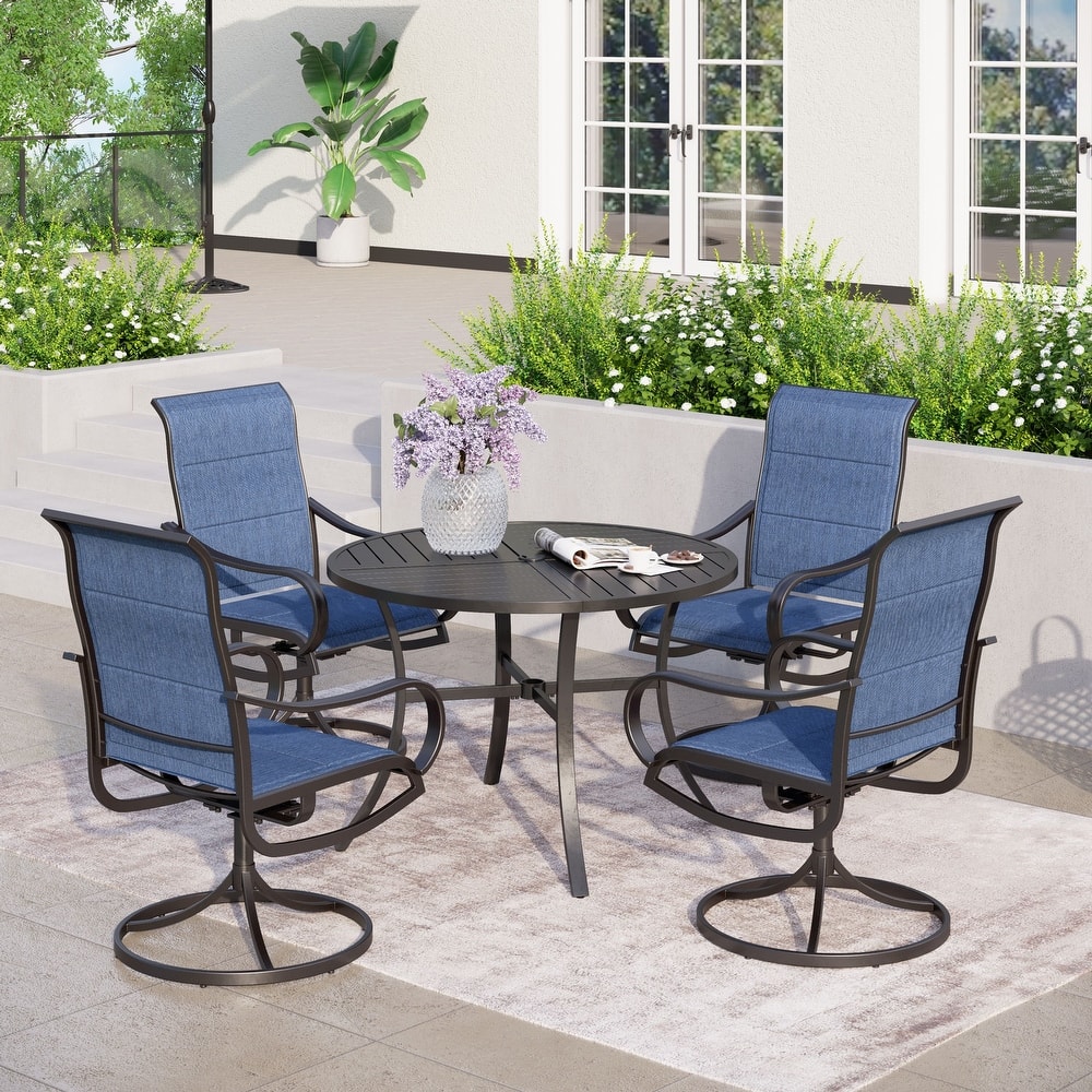 MAISON ARTS 5-Piece Patio Dining Set of 4 Sling Swivel Chairs and 1 Round E-coating Dining Table with Umbrella Hole