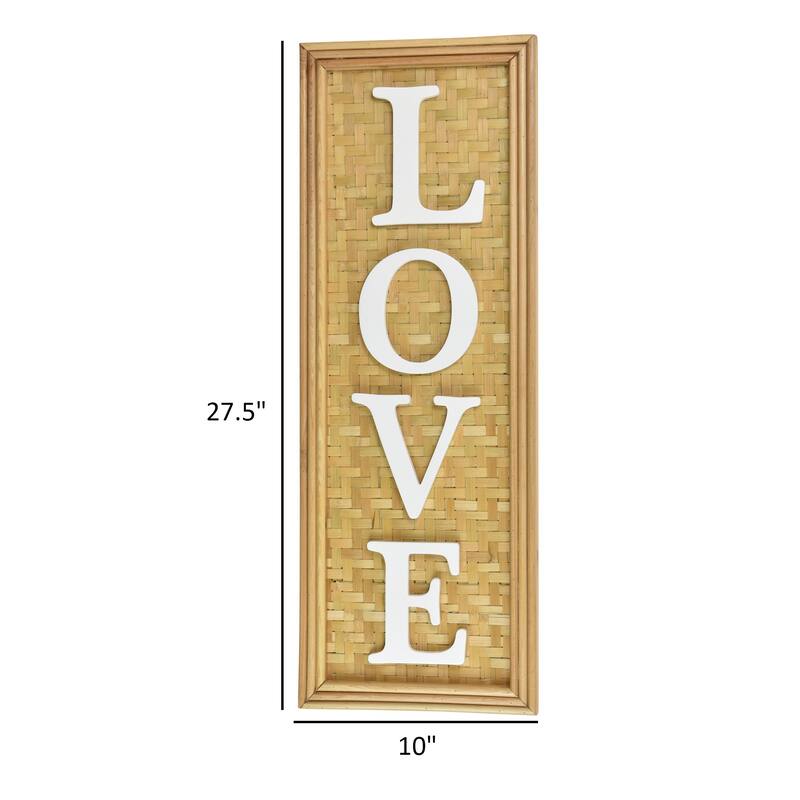 Love Wall Decor Sign, 10x28 Inch Brown Wood Background, White Woven