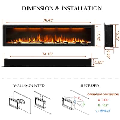 74inches Wall Mounted and Recessed Electric Fireplace,1500W/750W
