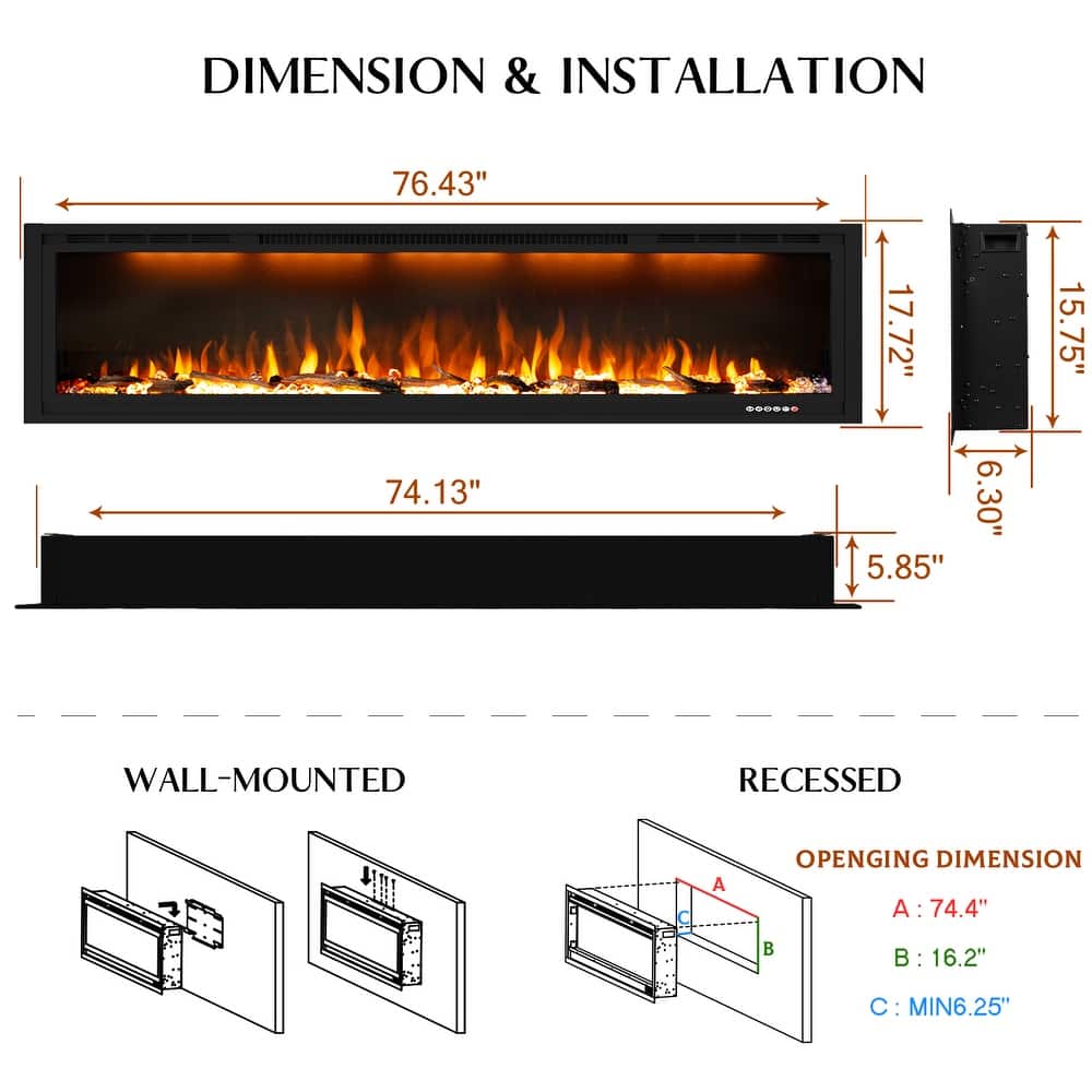 74inches Wall Mounted and Recessed Electric Fireplace,1500W/750W