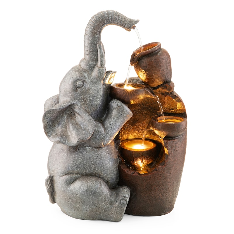 Glitzhome 18.5"H Outdoor Elephant Fountain or Statue for Patio, Yard, Porch Decor - Grey - Elephant Fountain