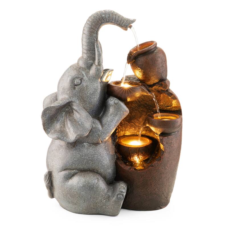 Glitzhome 4-Tiered Dogs or Elephant and Pot Polyresin Outdoor Fountain with Pump and LED Light