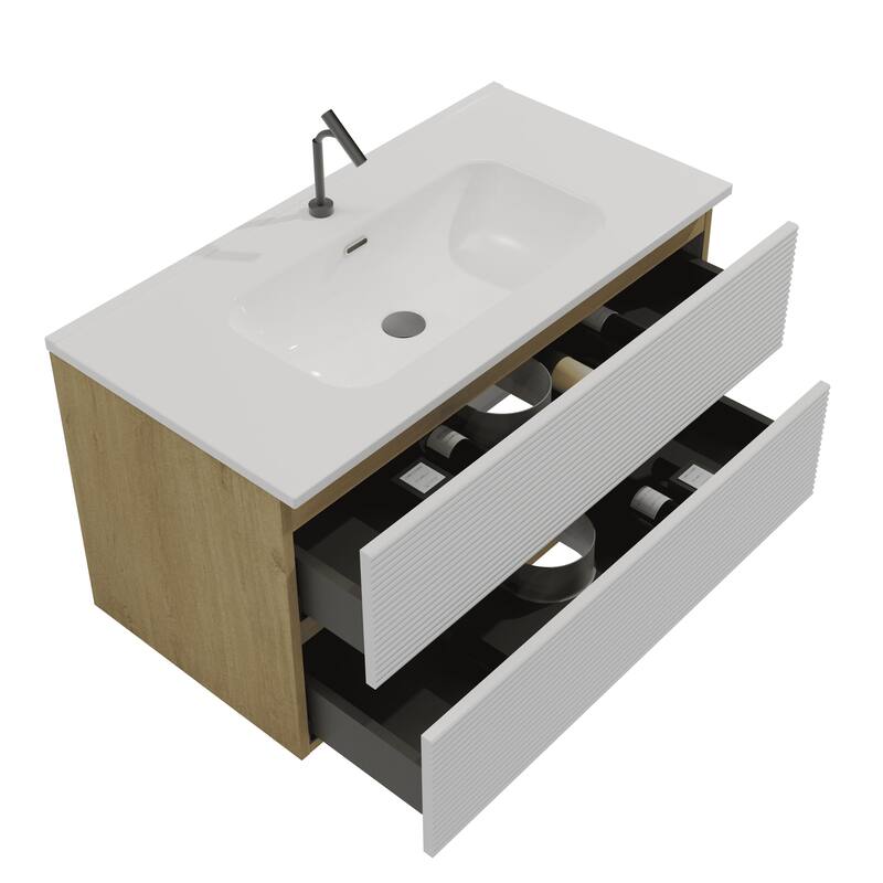 35" Modern Bathroom Vanity with Silent Soft-Closing Drawers, Eco-Friendly Natural Oak Finish
