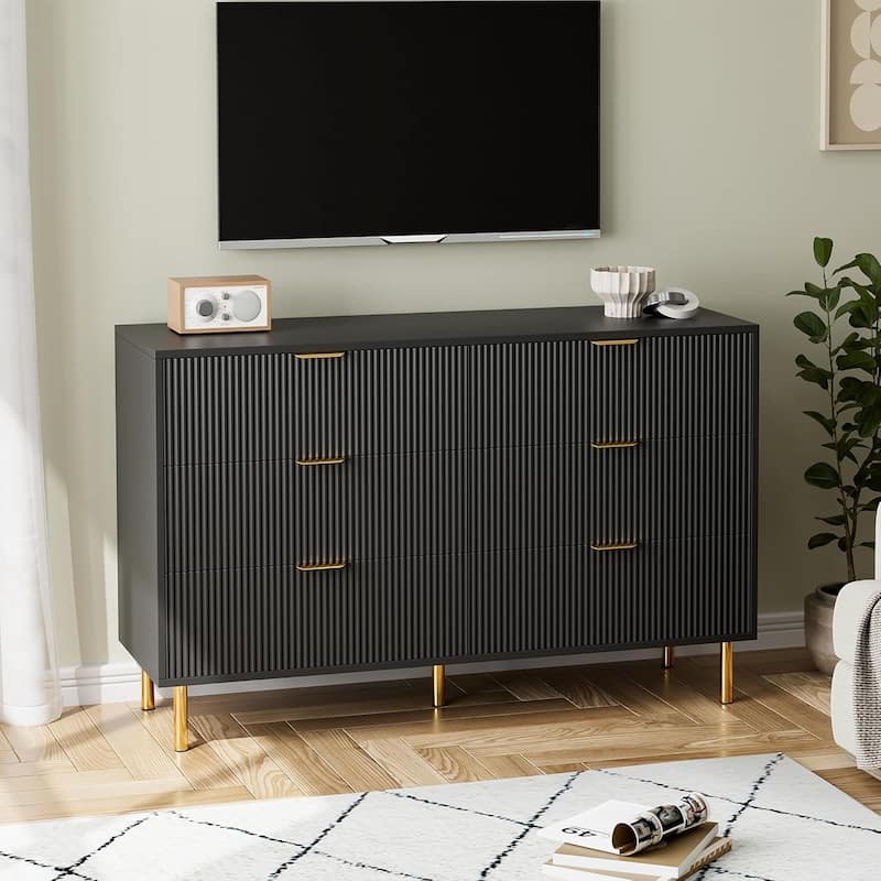 6 Drawer Dresser for Bedroom with Gold Handles, Modern Wooden Chest of Drawers