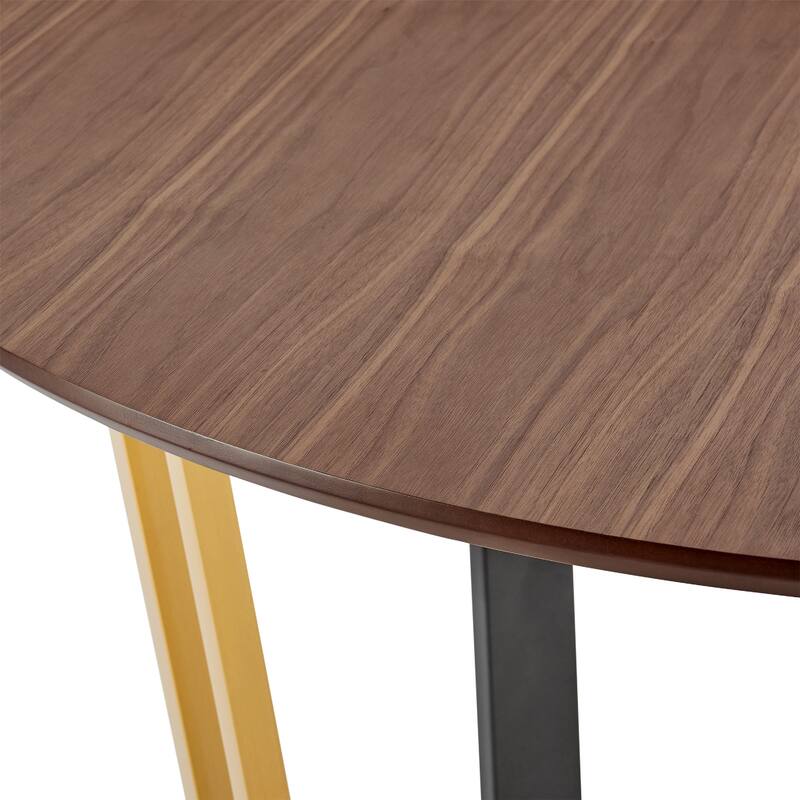 Leyne 48 Inch Round Dining Table, Gold Steel and Black Iron, Walnut Veneer - Walnut Brown, Black, Gold