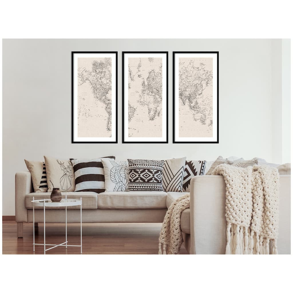 Kate and Laurel Vintage Black and White World Map Linen 3 Piece Framed Wall Art Print Set by The Creative Bunch Studio