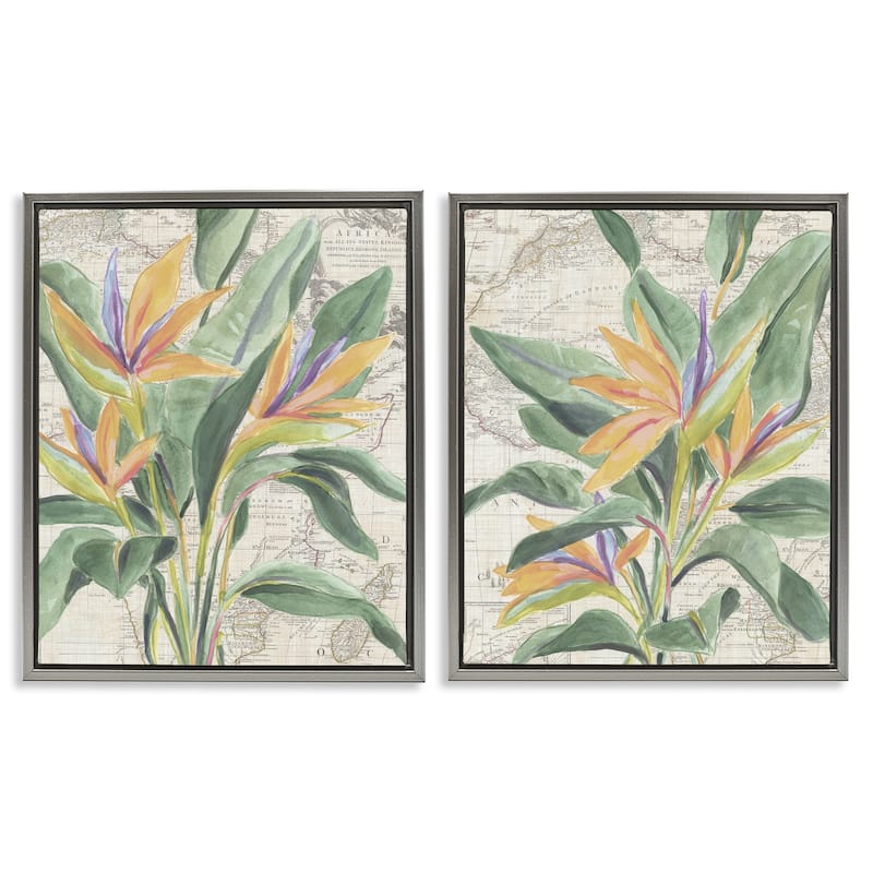 Stupell Flowers over Vintage Map Framed Floater Canvas Wall Art Design By June Erica Vess (Set of 2) - 25 x 31 - Grey