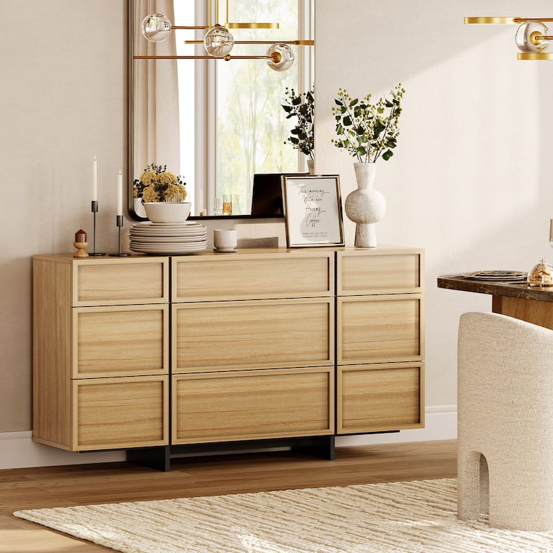 WAMPAT Modern Sideboard Buffet Cabinet with 9 Drawers, Multifunctional Sideboard with Large Storage and T-Shaped Legs