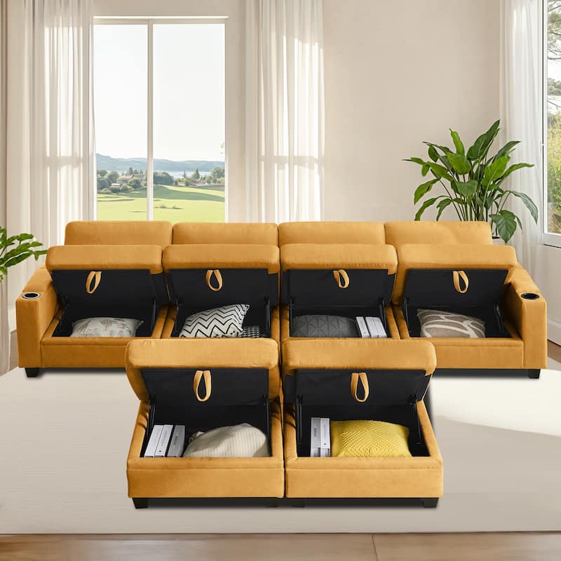 U-shaped Chenille Sectional Modular Sofa with 2 Ottomans & Storage Inside