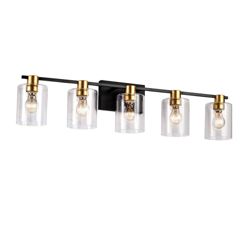 5-Light Matte Black Modern Vanity Lights with Glass Shade, Vintage Light Fixture Bathroom for Kitchen Dining Room - Matte Black,Wood