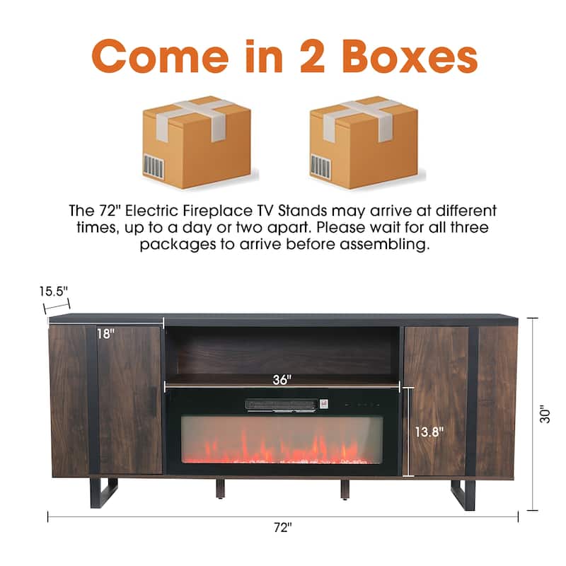 72" Farmhouse Walnut Wood Electric Fireplace TV Stand with Storage Open Compartment