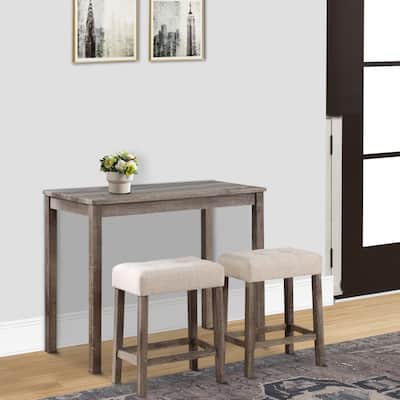 Cora 3 Piece Counter Height Table Set, Deep Tufted Stools, Brown, Beige