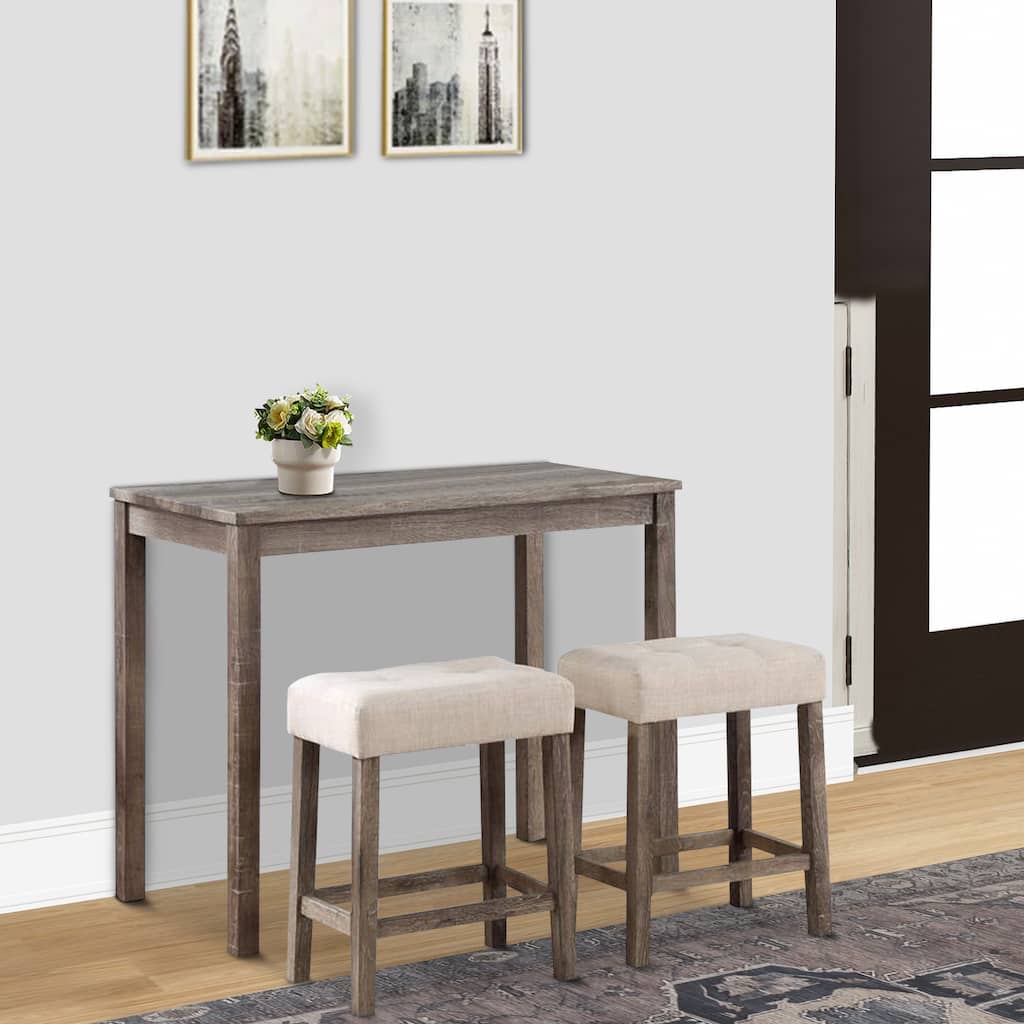Cora 3 Piece Counter Height Table Set, Deep Tufted Stools, Brown, Beige