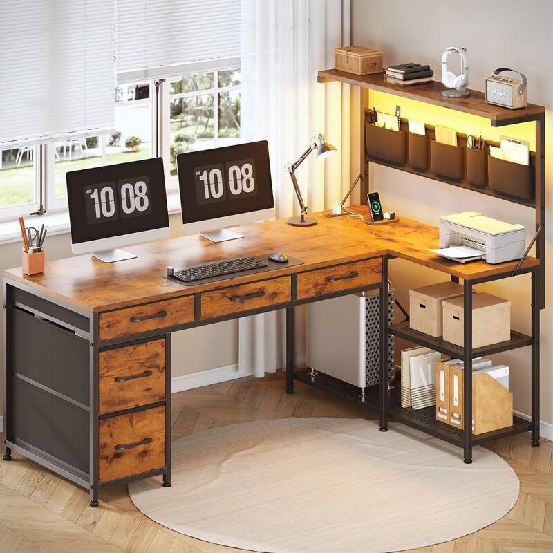 L Shaped Computer Desk 5 fabric Drawers Gaming Desk Storage Shelf