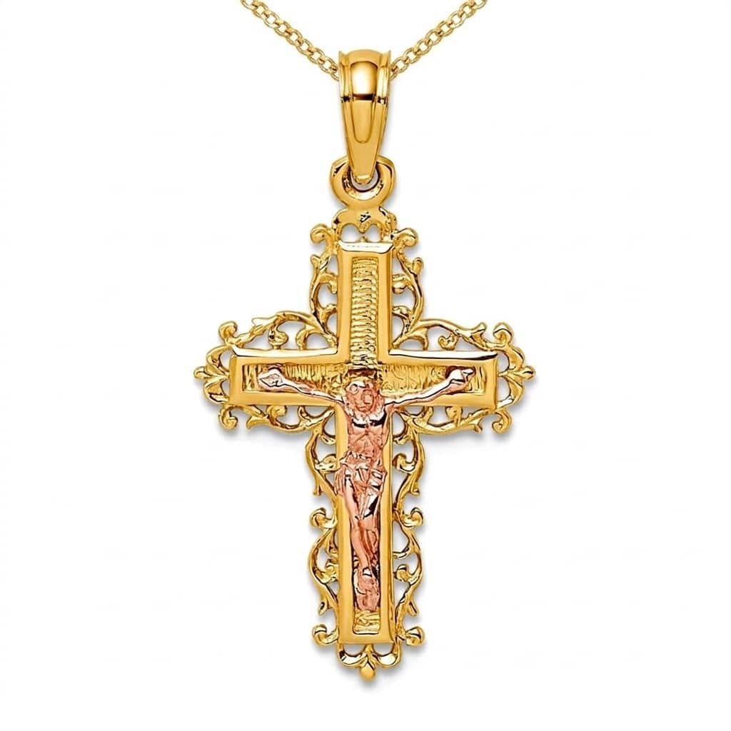 Curata 10k or 14k Two tone Gold 18" Crucifix With Lace Trim Pink Jesus Necklace - 27x15mm