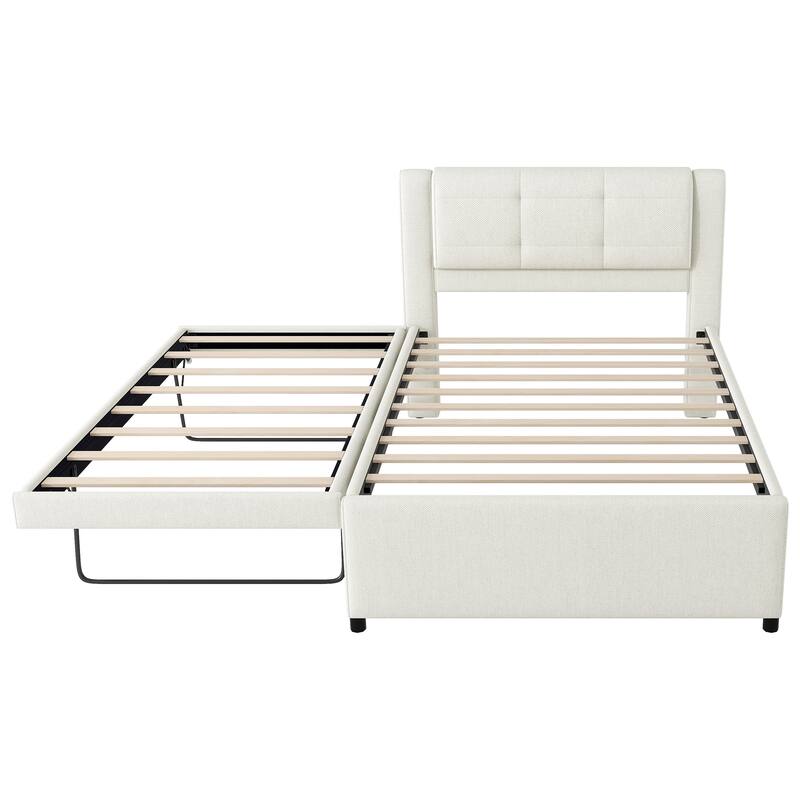 Full Size Upholstered Platform Bed with Adjustable Trundle, Beige