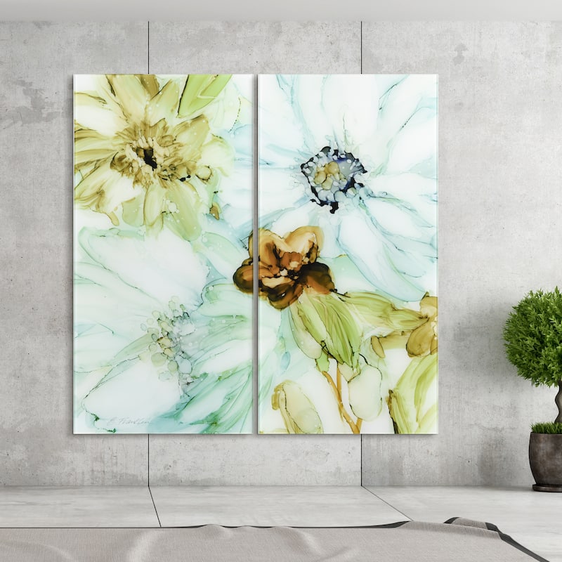 "Seaglass Garden I AB" Frameless Free Floating Tempered Glass Panel Graphic Wall Art Set of 2