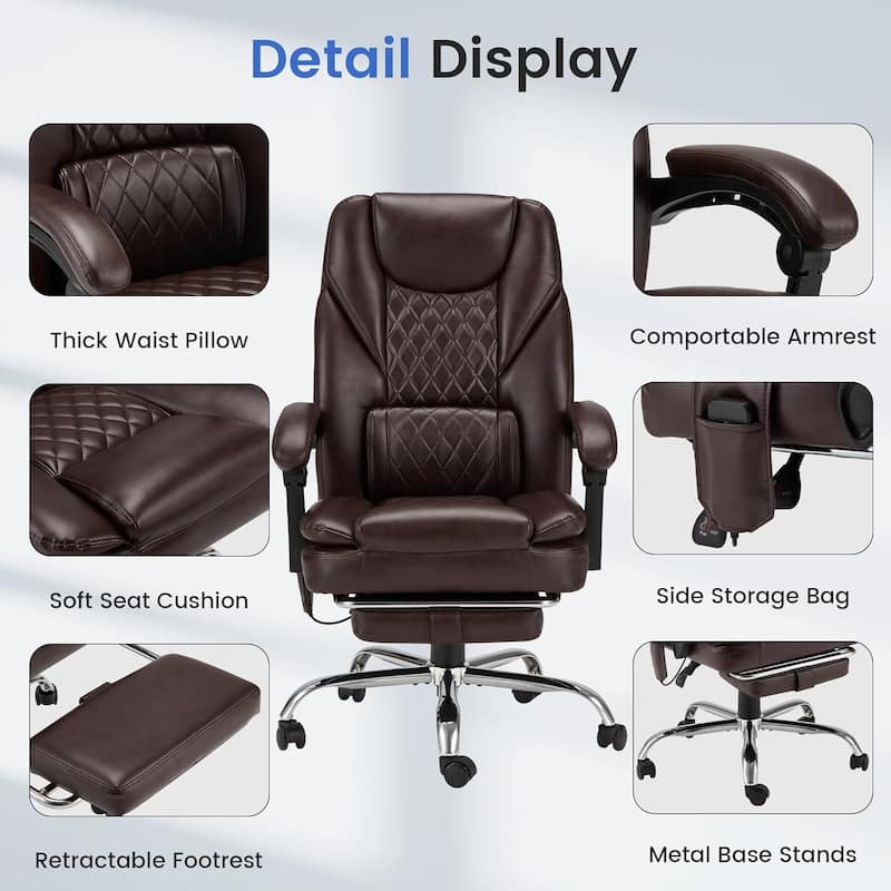 Ergonomic 6-Point Massage Office Chair with Heating, Reclining Function, Retractable Footrest, and Adjustable Armrests