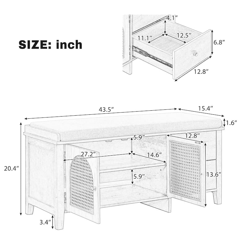 Wood Frame Bench with Shoe Storage, Shoe Bench with Rattan Arched Door and 2 Drawers Entryway Fabric Upholstered Bench