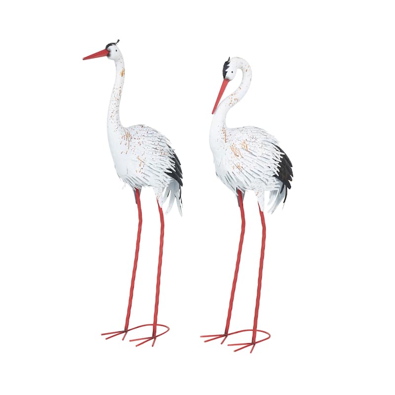 White Metal Tall Crane Decorative Garden Sculpture with Brown Speckled Texture and Red Accents (Set of 2)