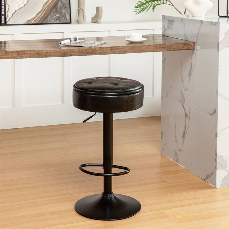 Round Storage Bar Stool Set of 2,Height Adjustable with Metal Frame
