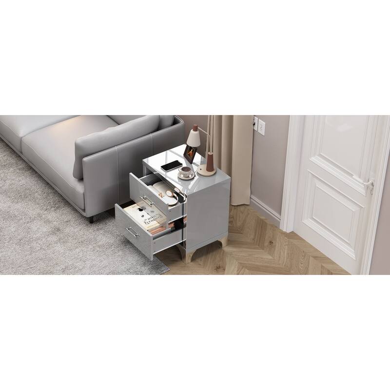 High Gloss Mirrored Nightstand with 2 Drawers,Modern End Table with Drawers,Mirrored High Gloss Wood Nightstand Metal Handle