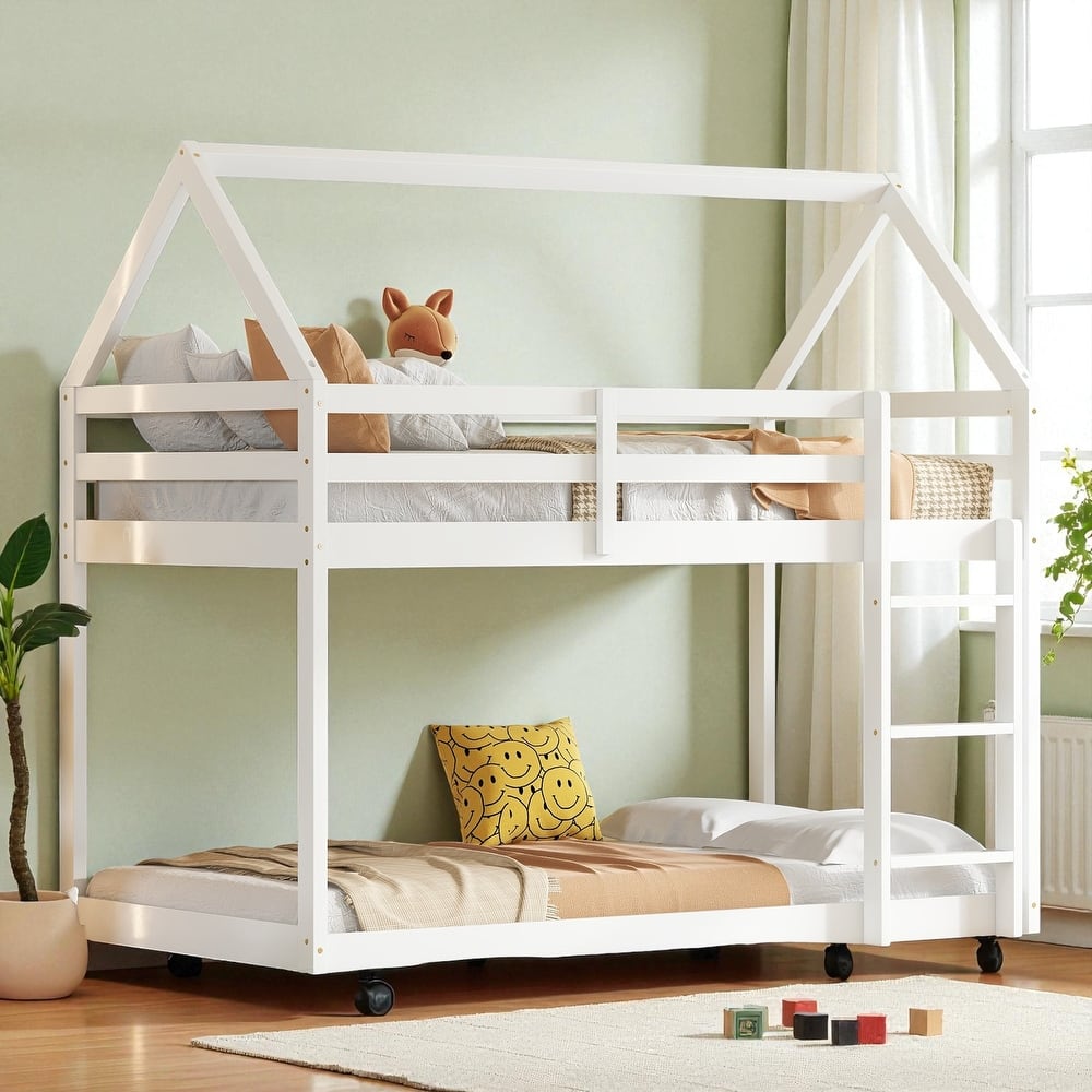 Twin Over Twin Floor Bunk Bed with House Roof Design, Rubber Wood Frame, Ladder and Guardrails for Kids Bedroom