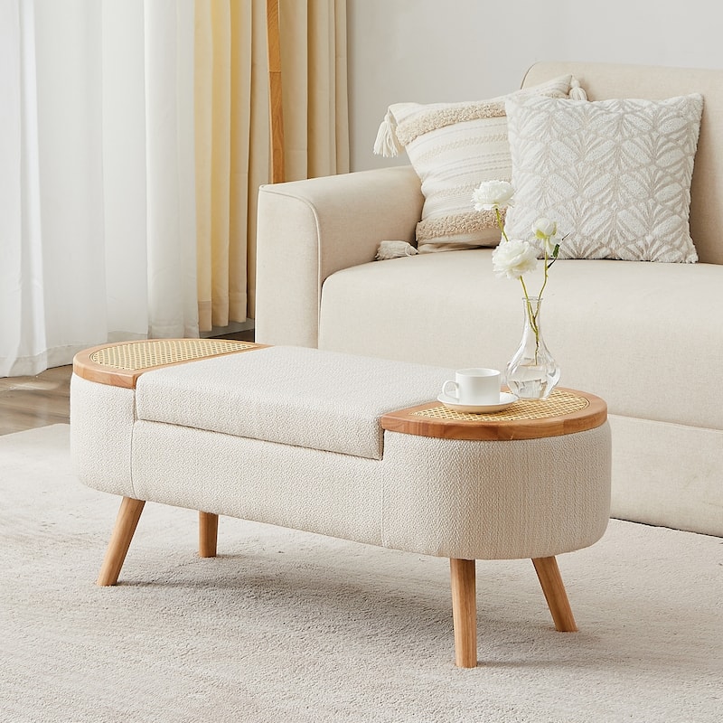 Ottoman Storage Bench with Rattan,Linen Seat