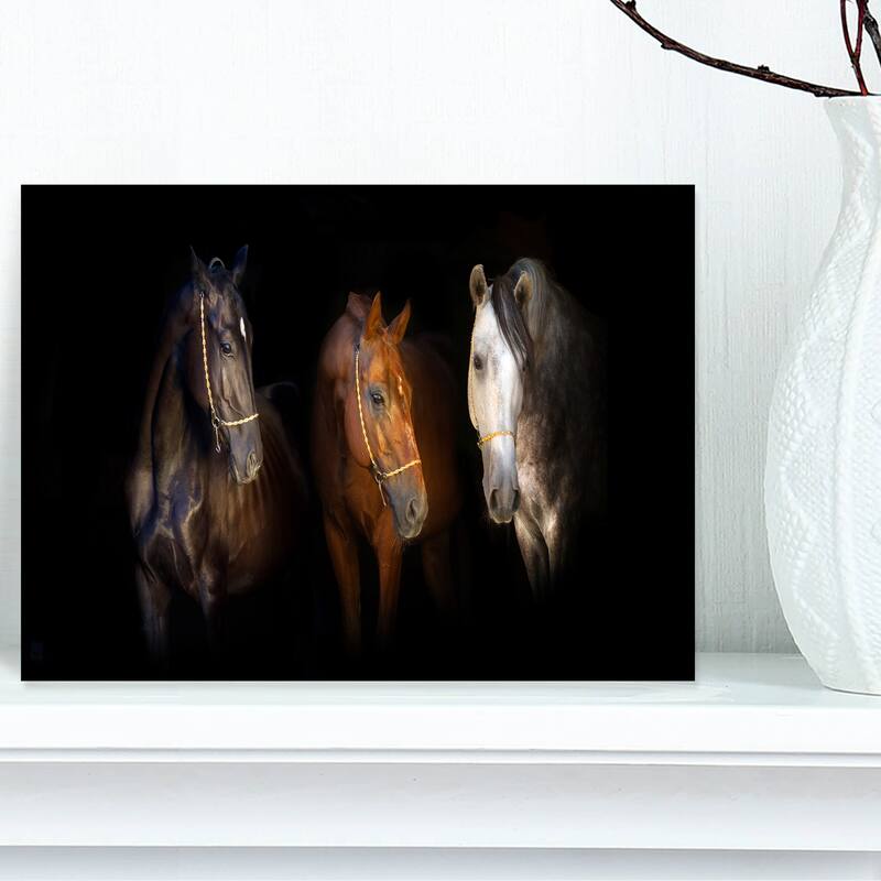 Designart "Three Horses with Golden Bridle" Animal Canvas Art Print - 12 in. wide x 8 in. high