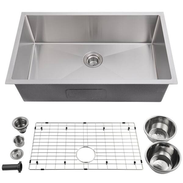 slide 2 of 7, 30 Inch Undermount Kitchen Sink, Brushed Nickel Single Bowl Stainless Steel Kitchen Sink - 30x10x18in Silver - 30x10x18in