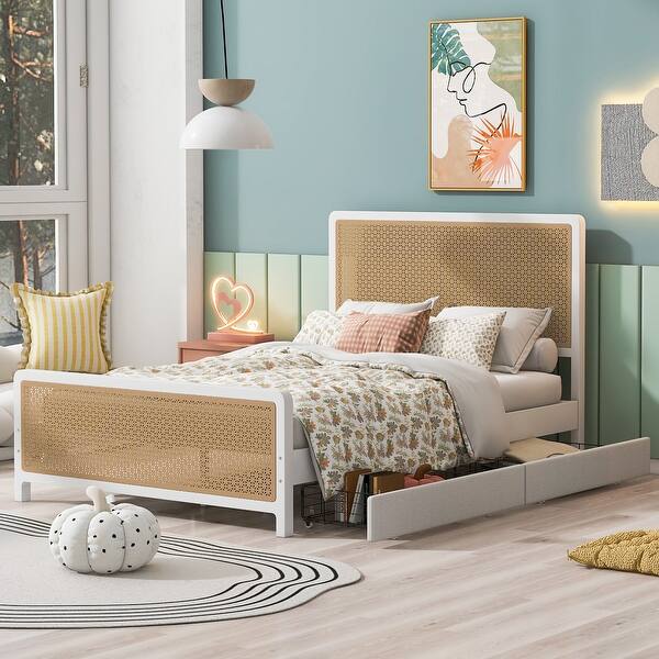 slide 2 of 12, Contemporary Lodge Style Queen Size Platform Bed,Solid Metal Bed with Storage Drawers,Unique Headboard and Footboard White
