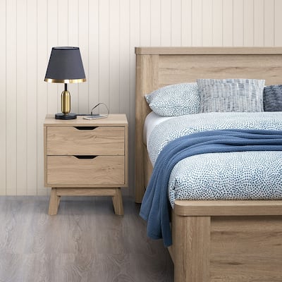 Natural Oak Double Bedside Table, Bedside Table with Charging Station USB and Type-C Port, Living Room Side Table with Drawers