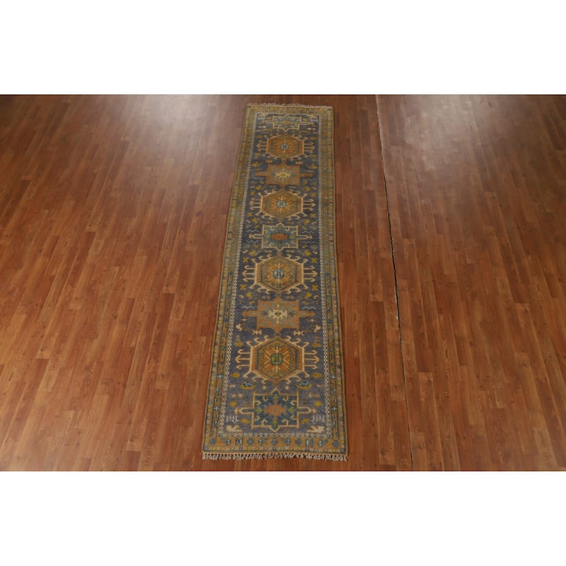 Hand Knotted Oriental 100% Wool Carpet Transitional Geometric Greys & Charcoal Khotan Runner Rug - 9' 8'' X 2' 6''