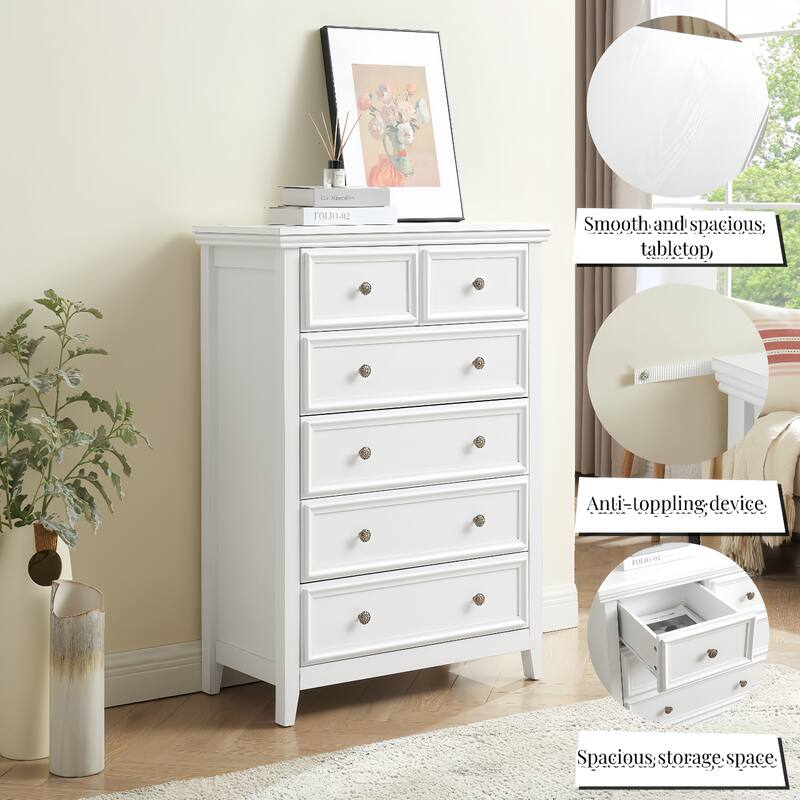 Crisp White 6-Drawer Dresser, Elegant Living Room Storage Solution