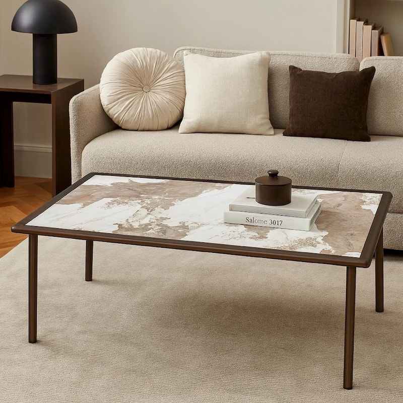 Zame 79 Inch Dining Table, Rectangular White Stone Top, Steel Legs, Bronze