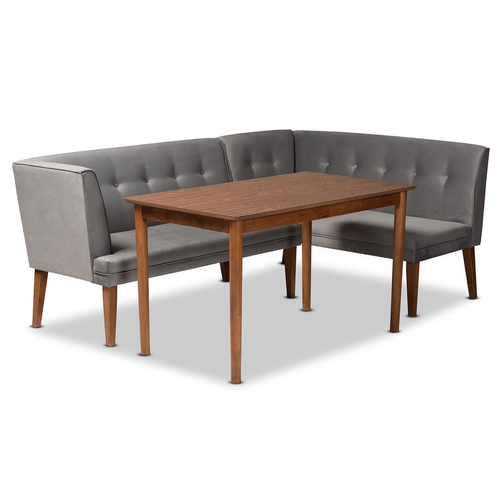 Stewart Mid-Century Grey Velvet Upholstered Wood Dining Nook Set