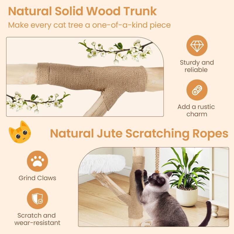Costway 48.5” Solid Wood Cat Tree with Hanging Cradle Jute Scratching - as pic shows - See Details