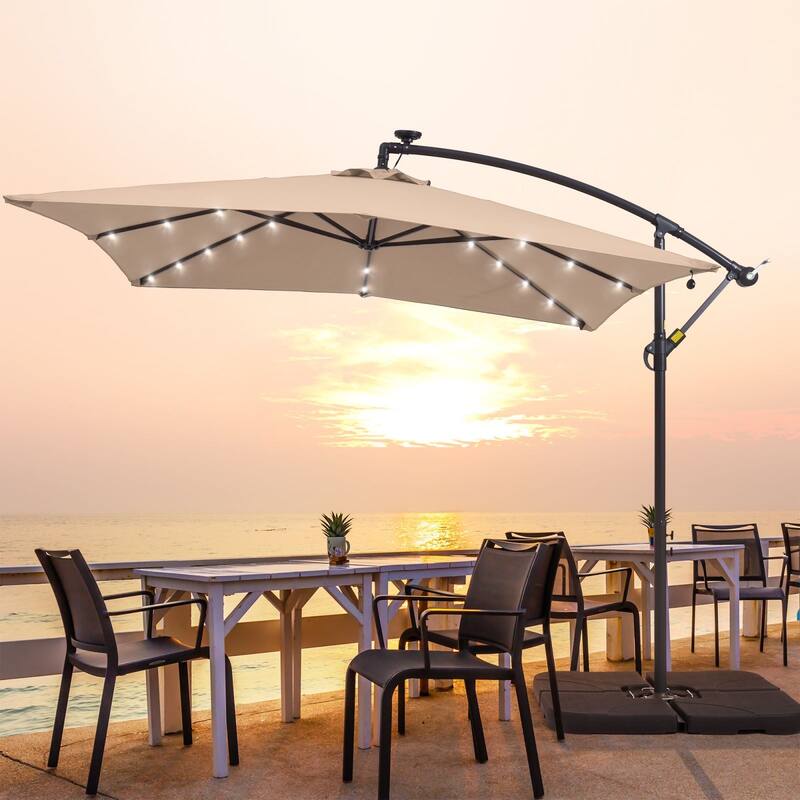 BONOSUKI 8.2Ft Solar Powered Cantilever Patio Umbrella With Base - Sand